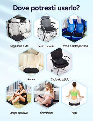Travel Ease Ergonomic Chair Cushion, Memory Foam and Premium Gel Cushion with Non-Slip Base for Long Comfort, Hip Support Cushion for Office Chair, Car Seat (Black)
