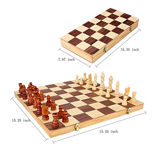 3-in-1 Wooden Chess Set & Checkers & Backgammon Set with Folding Carrying Case Folding and Travel Chess Board for Adults and Kids 15 inch
