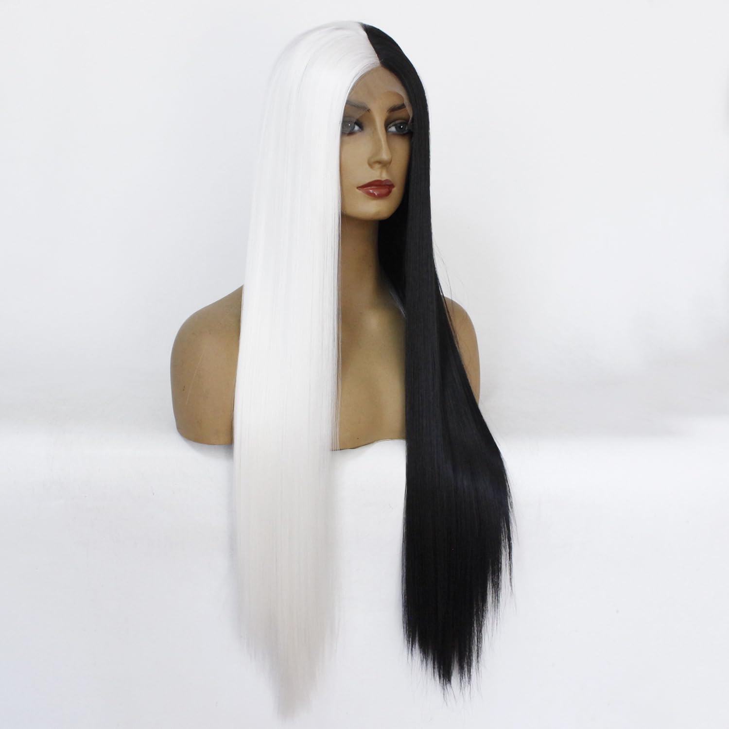xiweiya Black/White Lace Front Wigs Long Silky Straight Black White Mermaid Glueless Lace Front Wig Heat Resistant Fiber Natural Hairline Wig 24inch for Women