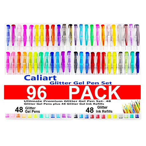 Caliart Glitter Gel Pen Set 96 Coloring Pens Including 48 Glitter Gel Pens & 48 Glitter Ink Refills for Adult Coloring Books Bullet Journal Kids Artist School Office Crafting Doodling Scrapbooking