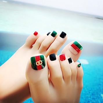 Green Nail Polish Feet amazon com 24pcs stripe rivets summer toe false nails light color green red toe fake nails full cover acrylic feet patch with glue sticker beauty
