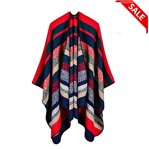 Jelinda Women Blanket Shawl Wrap Poncho Cape Winter Large Warm Striped Scarf (one size, red)