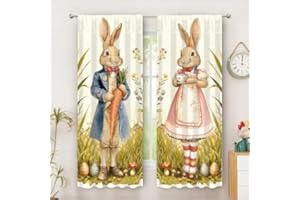 Easter Kitchen Curtain, 2 Panels Retro Personified Rabbit Pattern Long Curtains, Spring Bunny Window Treatment Drapes Farmhou