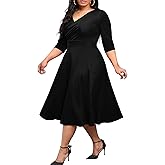 Milloud Plus Size Dress for Women - 3/4 Sleeve A-Line V-Neck Swing Flowy Casual Midi Dresses with Pockets