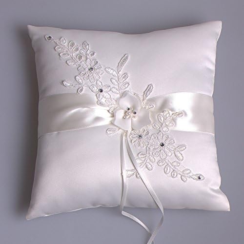 AZDRESS Wedding Ceremony White Satin &amp; Lace Flower Ring Bearer Pillow Cushion