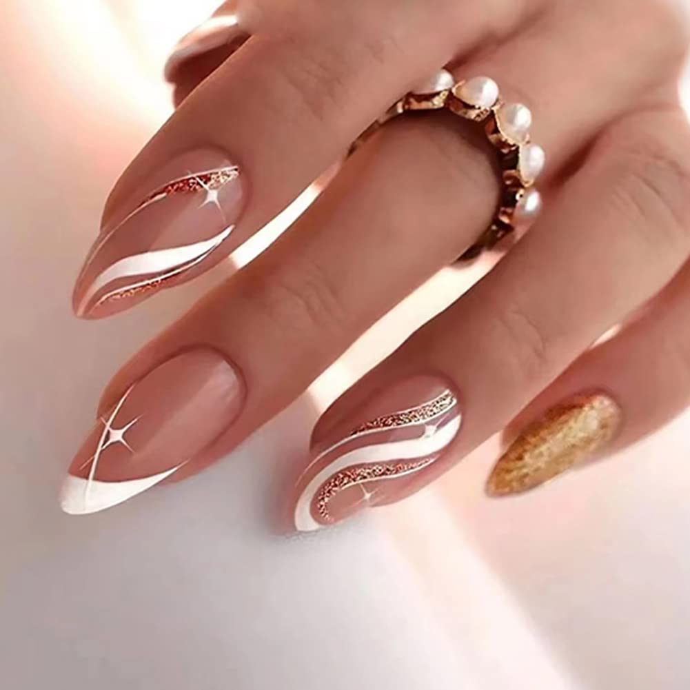 Clataly 24 Pcs White Star Ripple Fake Nails Acrylic Press on Nails Funny Nude Pink False Nails Full Cover Nails for Women and Girls (E)