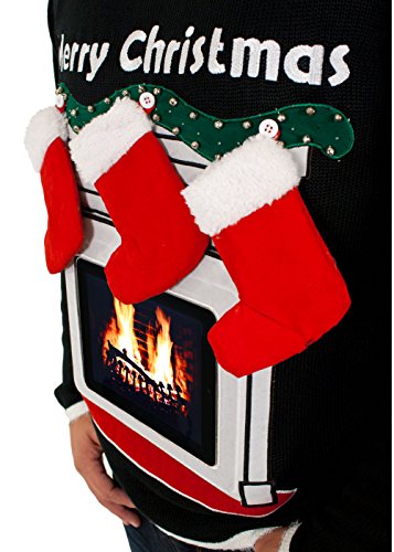 Lighted Fireplace Christmas Sweater With Tablet Pouch In Black
