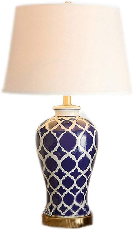 MTBH PMTBHReading Table Lamp, Simple Room Bedside Lamp China Blue Grid Ceramic Lamp Home Bedroom Living Room Table Lamp