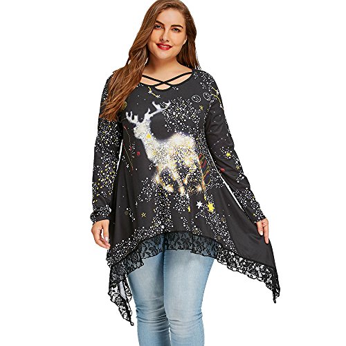 CHARMMA Women's Plus Size Christmas Reindeer Asymmetrical Lace Hem Tunic Top (Black, 5XL)