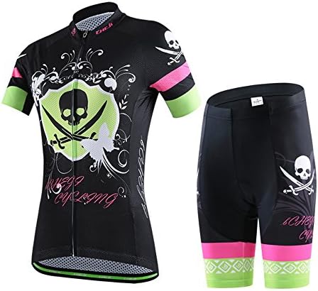 Women Cycling Short Sleeve Sportswear Running T-shirt Jersey Shorts Set (S, Skull green)