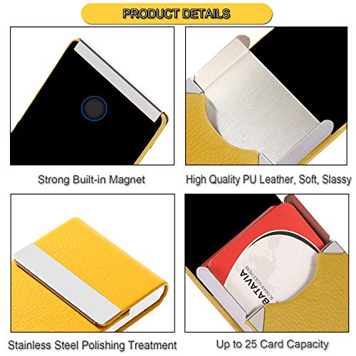 JuneLsy Business Card Holder - Professional PU Leather Business Card Case Metal Name Card Holder Pocket Business Card Carrier for Men & Women with Magnetic Shut (Yellow)
