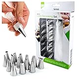 Lavesi 28-Piece Cake Decorating Set - Kit Includes 15 Popular Stainless Steel Tips - 1 Coupler -12 Piping Bags - Supplies for Crafting Fancy Icing Decorations on Pastries, Cupcakes, Cookies & Biscuits