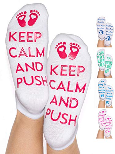 DonnaElite Labor & Delivery Inspirational Non Skid Push Maternity Socks | Luxury Combed Cotton Non Slip Grip for Pregnancy and Hospital Bag (Red - Keep Calm and Push)