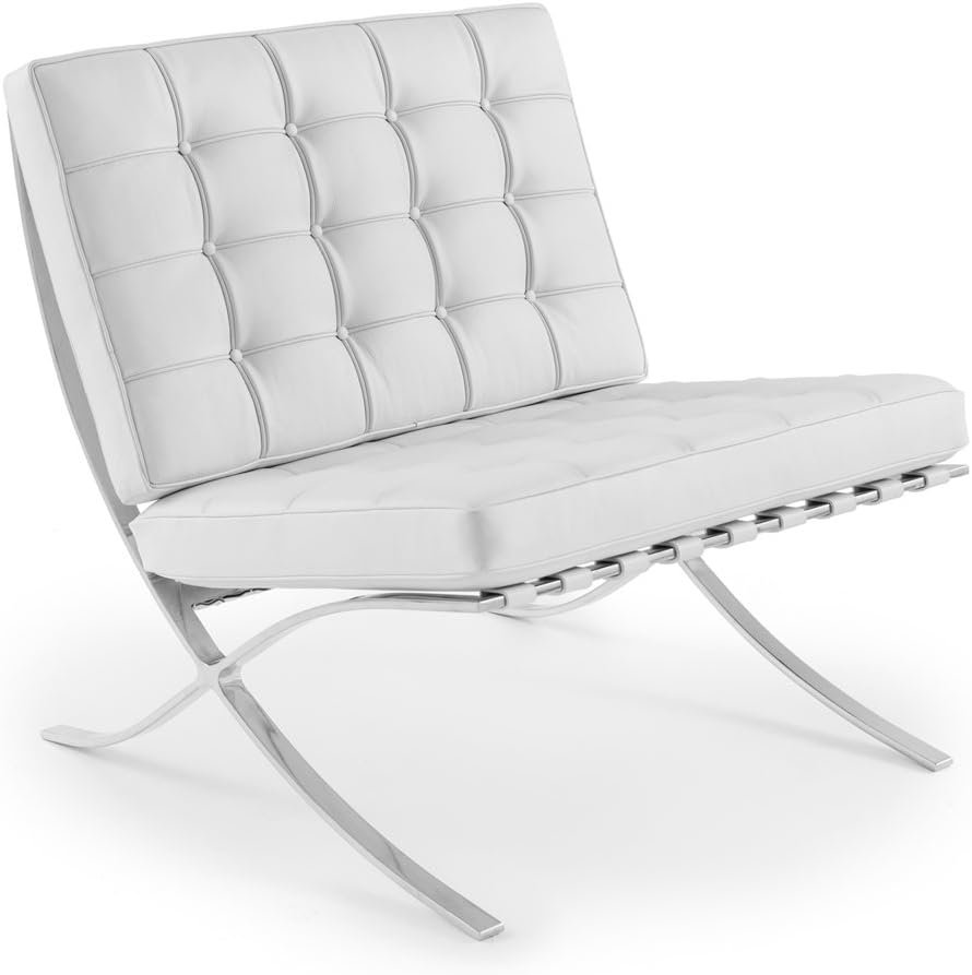 Set of 2 Chairs in White Leather Chair Replica of Mies Van Der Rohe Chairs