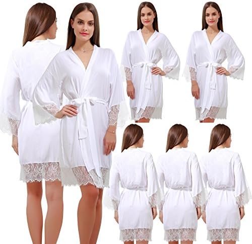 GoldOath Wedding Robes for Bridal Party Set of 7 Women's Cotton Kimono Robe Gifts to Bride Bridesmaid with Lace Trim V-Neck
