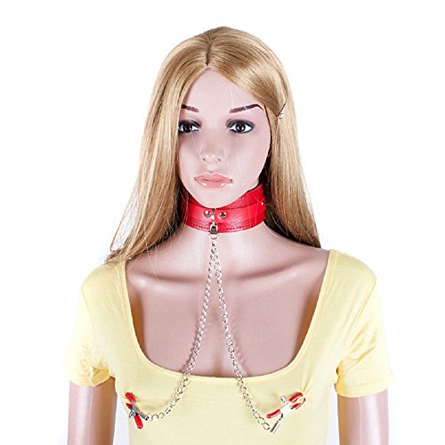 Tutent Fetish SM&BDSM Bondage Restraints Kit PU Leather Collar with Nipple Clamps for Women(Red)