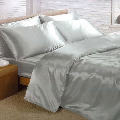 Silver Satin Super King Duvet Cover, Fitted Sheet and 4 pillowcases Bedding