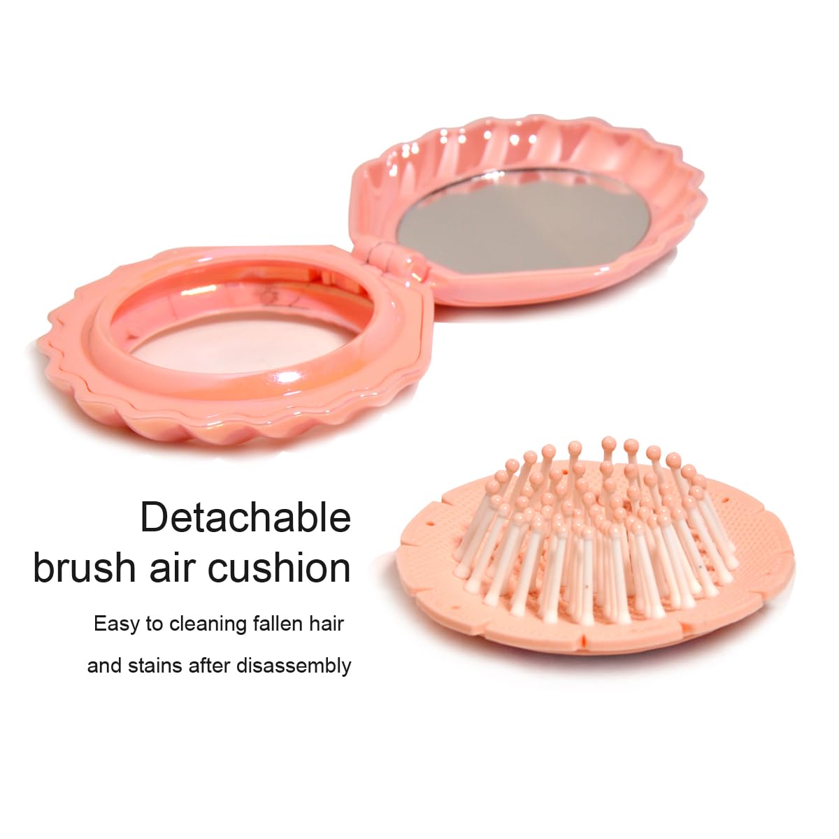 Metallic Shinning Finish Foldable Travel Hair Brushes with Mirror Shell Shape Portable Folding Pocket Hair Brush Mini Hair Comb Compact Size Hair Massage Comb (Pink)