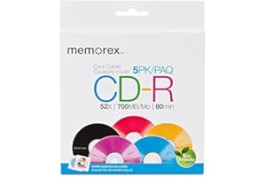 Memorex Cool Colors CD-R Discs with 52x Recording Speed and 700 MB in Paper Sleeves (5-Pack)