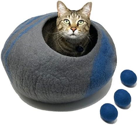 CatCatCat Premium Quality Cat Cave Bed (Large) + 3 Free Wool Ball Cat Toys - 100% Wool and Handcrafted - Comfy Bed For Cats and Kittens (Blue)