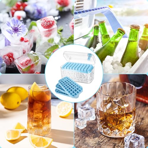 Cubiteras para Hielo, Cubitera con tapa,150 cubitos de hielo, incluye 3 bandejas para hielos, 1 pala de hielo, sin BPA, material apto para alimentos, ideal para whisky, cócteles, café, bebidas. (Azul)