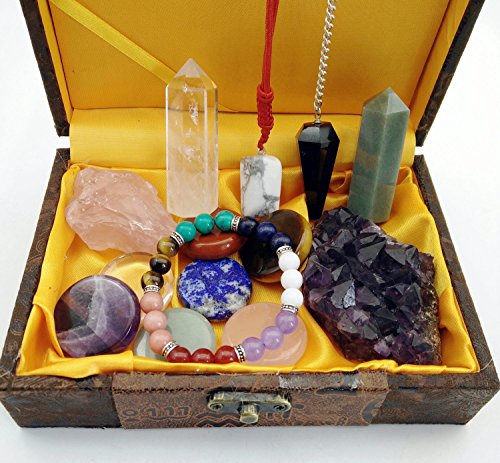 Healing Crystal Gift/Balancing Chakra Kit 14 Piece:7 Chakra Palm Stones,Amethyst Cluster, 2 Crystal Points,Raw Pink Quartz,Reiki Pendulum,Chakra Bracelet,Pendant,Reference Guide,Use for Meditation