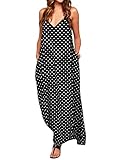 Leadingstar Women Summer V-neck Polka Dot Spaghetti Strap Long Beach Maxi Loose Casual sleeveless Dress Black-White S