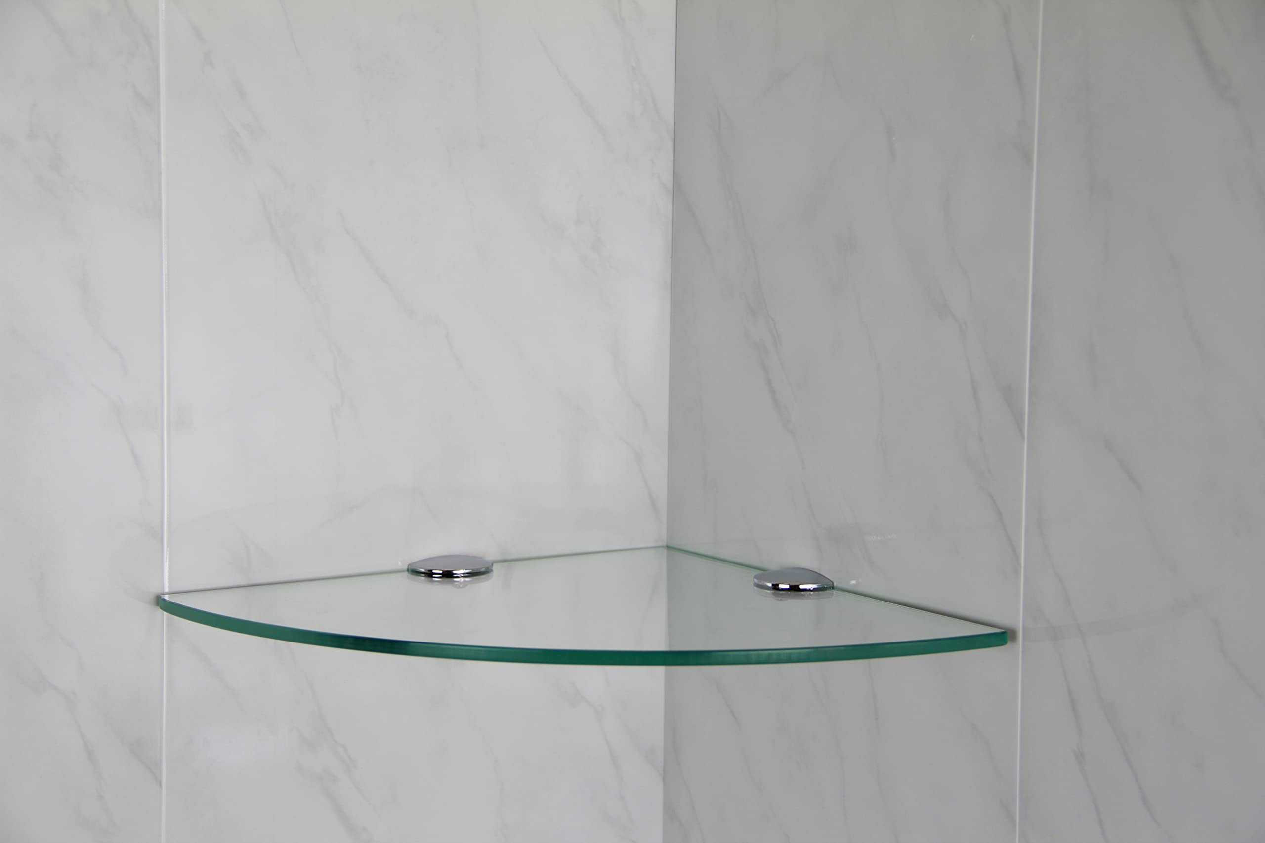 BSM Marketing Clear 200mm (7.8" Approx) 6mm Thickness Toughened Glass Corner Shelves for Bathroom Bedroom Kitchen Office with Chrome Finish Shelf Supports