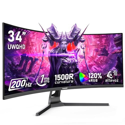Monitor para Juegos Curvo Ultrawide 34 Pulgadas (200Hz, UWQHD 3440x1440) - 1500R, 120% sRGB, Adaptive Sync, Altavoces Integrados, HDMI/Display Port, Compatible con Montaje en Pared, Negro