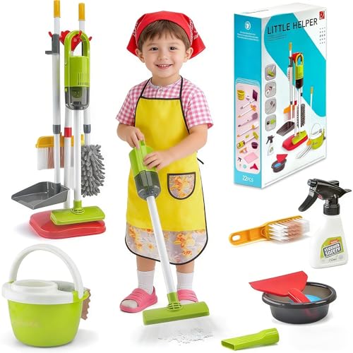 Kids Cleaning Toy Set, 14Pcs Pretend Play Home Cleaning Playset - Incl. 2-in-1 Electric Toy Vacuum, Broom and Dustpan Set, Mop,Duster and More, Sweep Play Toys for Boys Girls (Red)