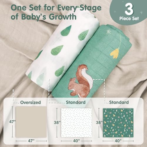 hahaland 100% Natural Bamboo Muslin Baby Blanket Set with 1 Piece 120 x 120 cm and 2 Pieces 100 x 95 cm – Soft and Absorbent Swaddle for Babies