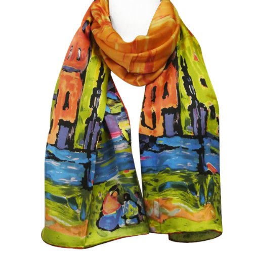 Wrapables Luxurious 100% Charmeuse Silk Long Scarf with Hand Rolled Edges, Wassily Kandinsky's Houses in Munich