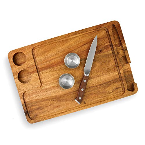 Yukon Glory Steak Board for Serving Steak, Meat, and Poultry in Style, Premium Acacia Wood, Includes Sauce Cups and Steak Knife, 3 Pack - Thumbnail 3