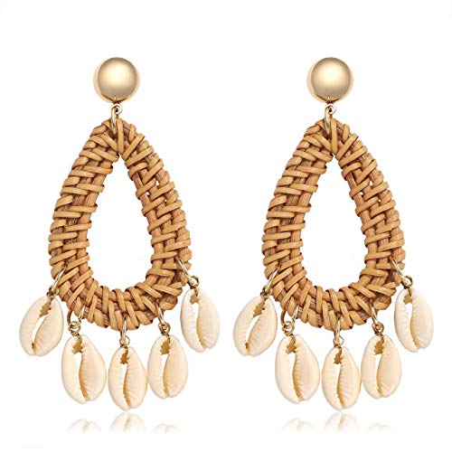 Woven Rattan Earrings Handmade Wicker Earrings Straw Knit Hoop Earrings Lightweight Raffia Braid Drop Dangle Geometric Statement Earrings for Women Girls (Brown Teardrop+Shell)