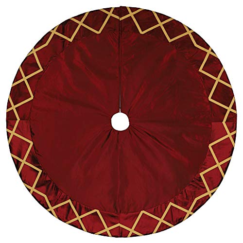 ExcMark 48 inch Burgundy Christmas Tree Skirt with Gold Plaids and Check Trim