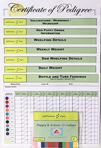 Puppy Whelping Collars Set with Color-Coded Record Keeping Charts for Breeders