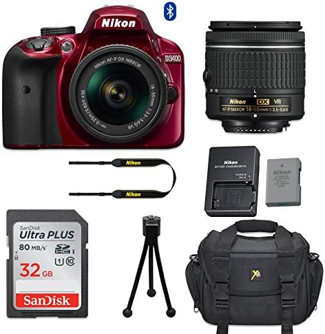 Nikon D3400 DSLR Camera (Red) with Nikon AF-P DX 18-55mm f/3.5-5.6G VR Lens + 32GB Memory Card + Camera Carrying Bag + Tripod (Certified Refurbished)