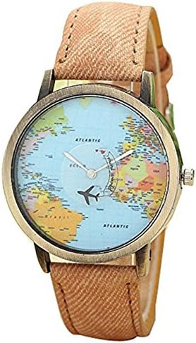 Women Watches Ladies Girls Airplane Global Travel By Plane World Map Quartz Leather Band Wrist Watch (Coffee)