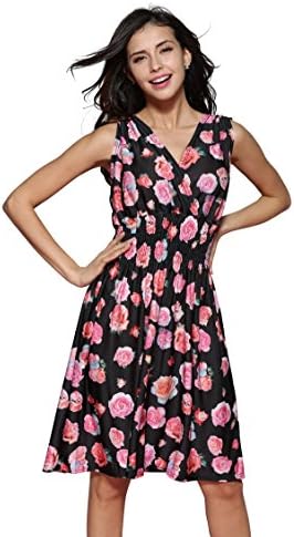 Jinhuanshow Women's Spring Summer Casual Low-cut V-neck Prints Sundresses(Small,Black&amp;red)