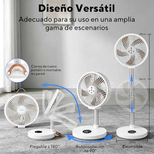 CROSPIN Ventilador Portátil Recargable 10000mAh 12 Pulgadas, Plegable y Telescópico de Pie y Escritorio, Oscilación 90°, 6 Velocidades, Control Remoto, Luz Nocturna, Temporizador, Silencioso