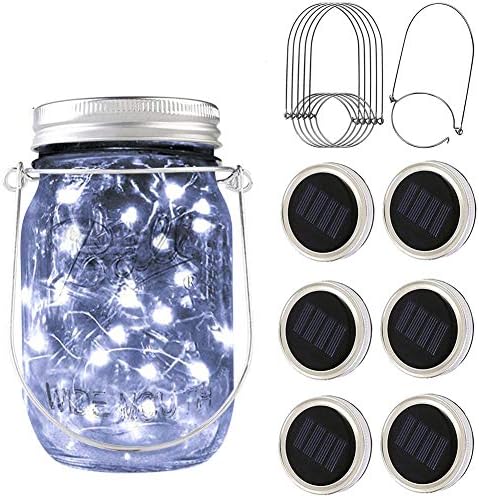 PAPRMA 6 Pack Solar Mason Jar Lid Lights, 20 LED Jar Lid Fairy String Lights with 6 Hangers, Decorations for Party Garden Patio Path Christmas, Cool White(Jar NOT Included)