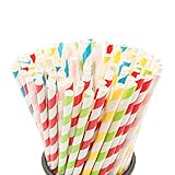 100PCS Biodegradable Paper Straws Bulk, Assorted Rainbow Colors Striped Drinking Straws for Juice, shakes, Cocktail, Coffee,Soda, Milkshakes, Smoothies,Celebration Parties and Arts Crafts Projects