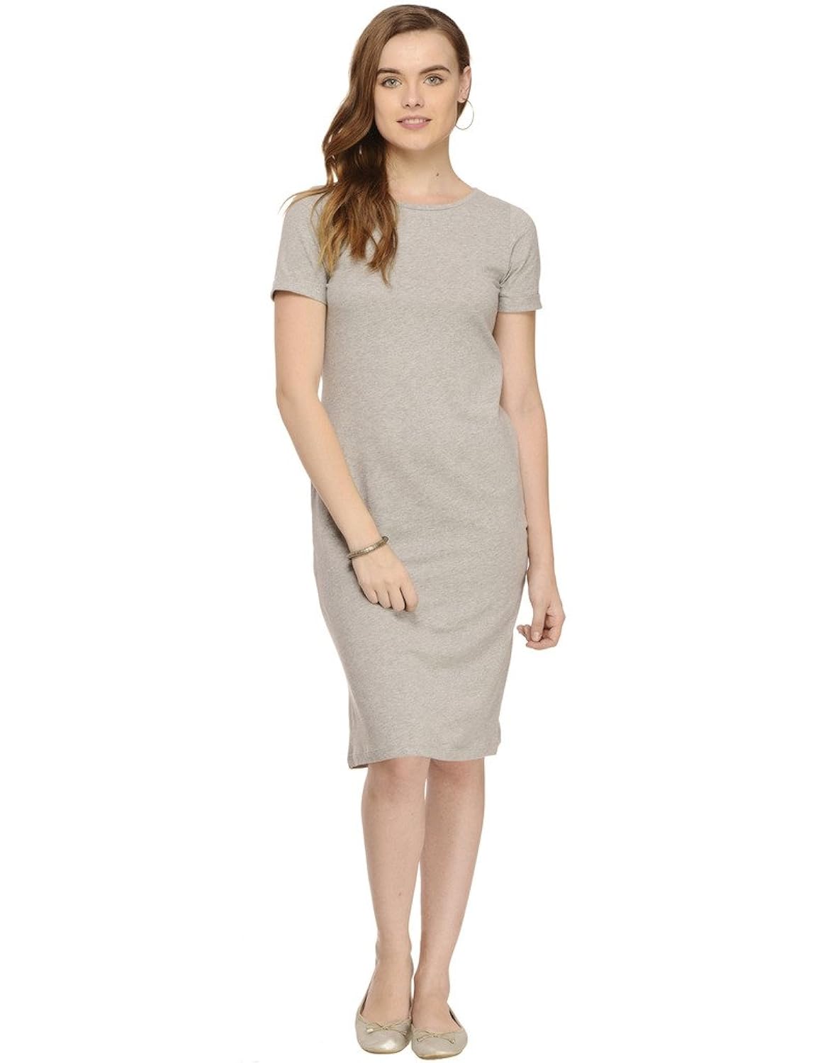 rigo grey solid knee length half sleeve bodycon dress