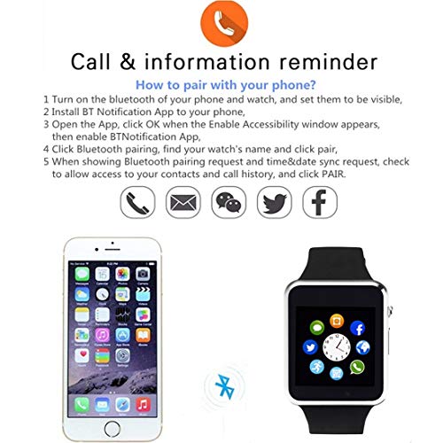 Hocent Smart Watch Phone, Smartwatch with SD Card Camera Pedometer Call Text SNS SMS Sync SIM Card Slot Music Player Alarm Compatible with Android and iPhone (Partial Functions) for Men Women Teens - Thumbnail 3