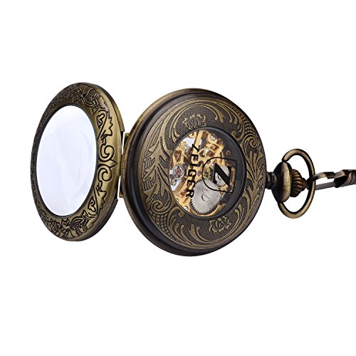 Zeiger New Mens Classic Mechanical Steampunk Pocket Watch, Stainless Steel Copper Case Skeleton Roman Design, Pocket Watch with Chain (Bronze)