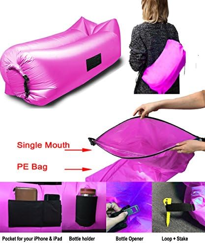 Inflatable Lounger Couch - Portable Waterproof Air Sofa Bed RIPSTOP Fabric With Bottle Opener, Stakes, Pockets & Unique Single Opening Design! (Pink)