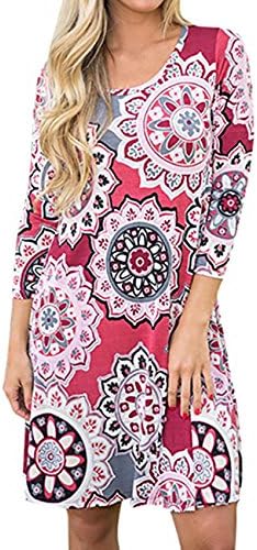 Women's 3/4 Sleeve Damask Floral Printed Tunic Dress Bohemian Swing Casual Midi Dress with Pocket Tunic Blouses for Leggings