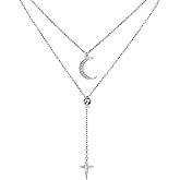 DAOSHANG Sterling silver Layered Necklaces for Women Moon and Star Pendant Multilayer Long Necklace four-pointed Star Necklace Choker Chain Adjustable Lucky Trendy Jewelry