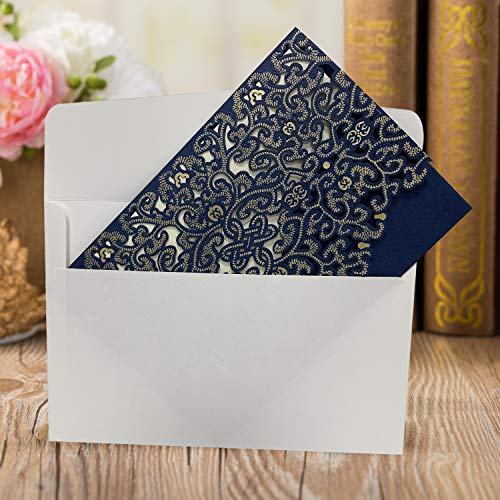Gold Fortune 50 Packs Laser Cut Wedding Invitations with Cards Kit and Envelopes for Party Favors (YC067 Blue)