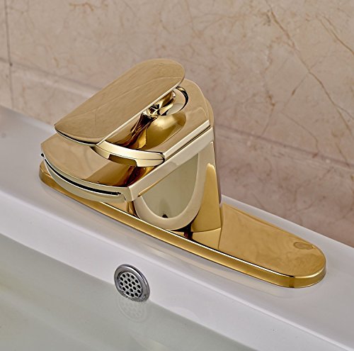Senlesen Gold Finish Waterfall Spout Single Lever Bathroom Sink Vanity Faucet with 8-inch Cover Plate - Thumbnail 3